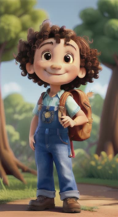  {The tree with a smiling face formed by its bark, looking down at Riley., Riley, a curious with big brown eyes and curly hair, wearing overalls and carrying a small backpack. Their friend, Skye, a bluebird with shiny feathers.