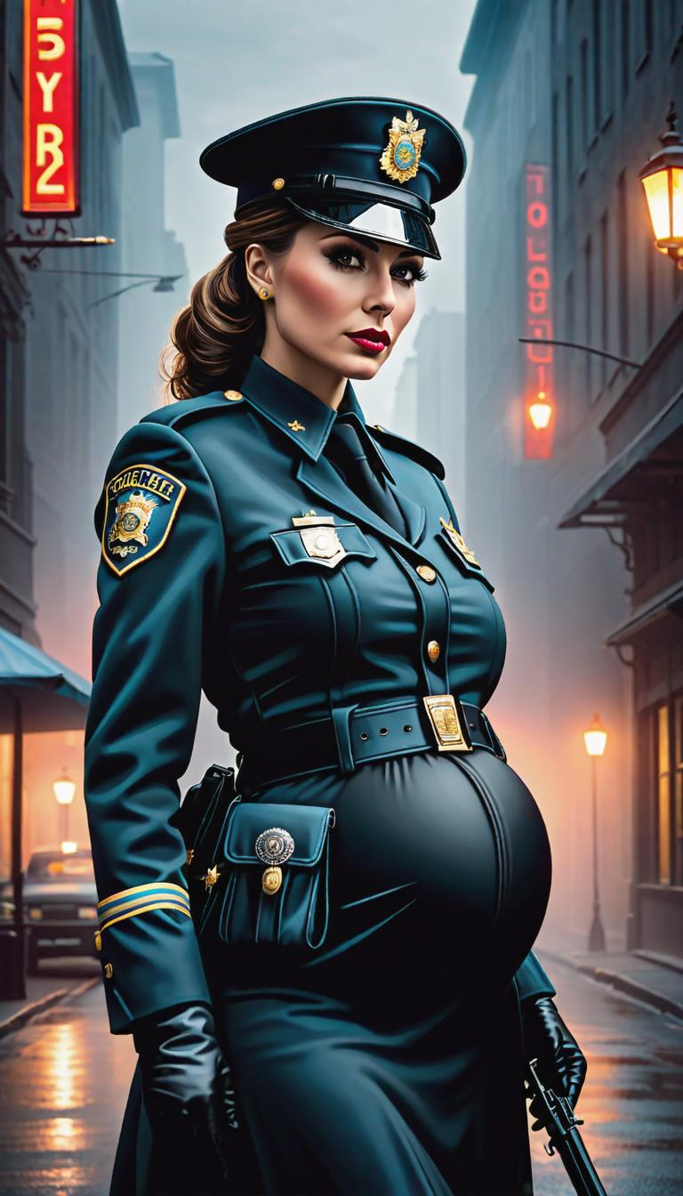  gothic style depiction of Pregnant police officer . dark, mysterious, haunting, dramatic, ornate, detailed, hyperrealistic, full body, detailed clothing, highly detailed, cinematic lighting, stunningly beautiful, intricate, sharp focus, f/1. 8, 85mm, (centered image composition), (professionally color graded), ((bright soft diffused light)), volumetric fog, trending on instagram, trending on tumblr, HDR 4K, 8K