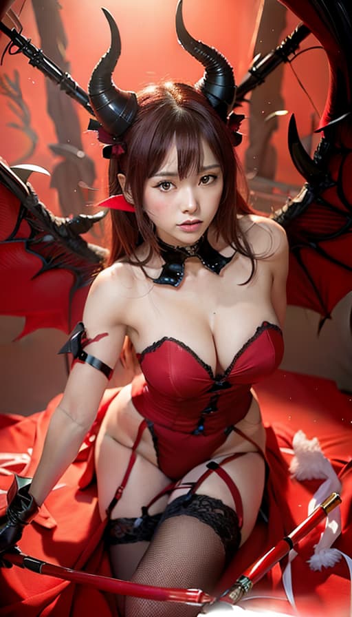  Red sexy lingerie, cute female college student, garter belt, knee high stockings, sexy, horns, background inflammation, red bat wings, (Masterpiece, BestQuality:1.3), (ultra detailed:1.2), (hyperrealistic:1.3), (RAW photo:1.2),High detail RAW color photo, professional photograph, (Photorealistic:1.4), (realistic:1.4), ,professional lighting, (japanese), beautiful face, (realistic face)