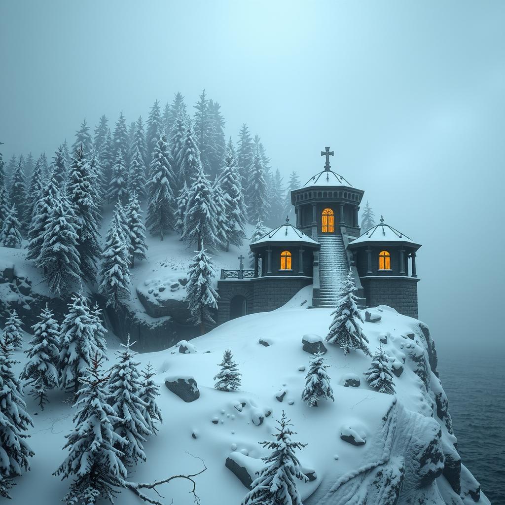  snowy arctic island covered in pine forests just above a stormy sea, the island looms 150 feet over the water in icy, treacherous cliffs, gothic mausoleum stands on the northern end of the island, haunting, 1990s ravenloft art ar 16:9 hyperrealistic, full body, detailed clothing, highly detailed, cinematic lighting, stunningly beautiful, intricate, sharp focus, f/1. 8, 85mm, (centered image composition), (professionally color graded), ((bright soft diffused light)), volumetric fog, trending on instagram, trending on tumblr, HDR 4K, 8K