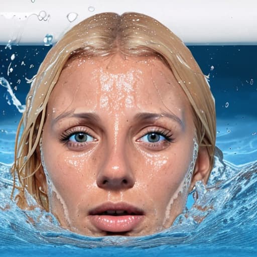  tanned blonde woman's face drowning and sinking in water she's panic