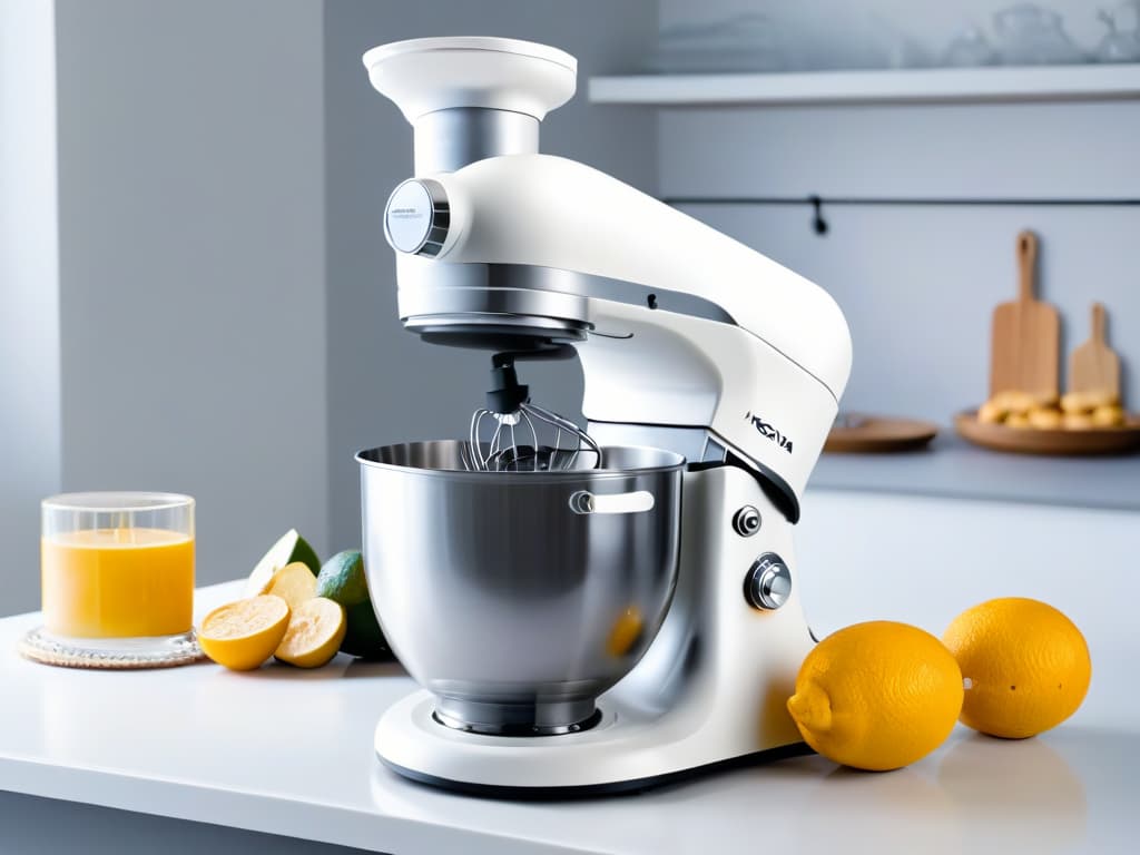  A sleek, minimalistic image of a highend stand mixer in a pristine white kitchen setting. The stand mixer is the focal point, capturing its elegant design and advanced features, such as a digital display and various speed settings. The kitchen around it is stylish and clutterfree, emphasizing the professional and inspiring aspect of choosing the perfect mixer for pastry chefs. hyperrealistic, full body, detailed clothing, highly detailed, cinematic lighting, stunningly beautiful, intricate, sharp focus, f/1. 8, 85mm, (centered image composition), (professionally color graded), ((bright soft diffused light)), volumetric fog, trending on instagram, trending on tumblr, HDR 4K, 8K