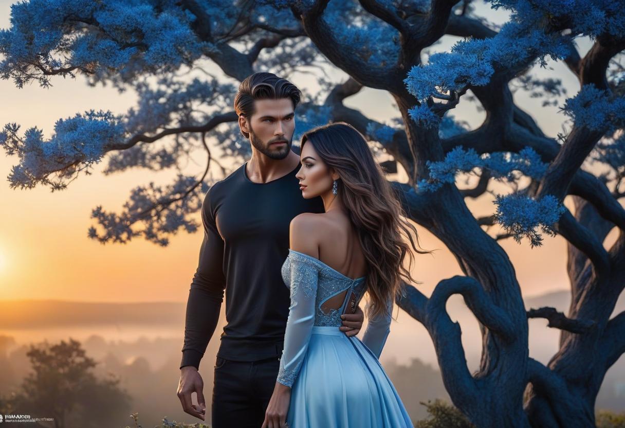  A man and a long haired girl against the backdrop of a bright sunset and bright blue tree. hyperrealistic, full body, detailed clothing, highly detailed, cinematic lighting, stunningly beautiful, intricate, sharp focus, f/1. 8, 85mm, (centered image composition), (professionally color graded), ((bright soft diffused light)), volumetric fog, trending on instagram, trending on tumblr, HDR 4K, 8K