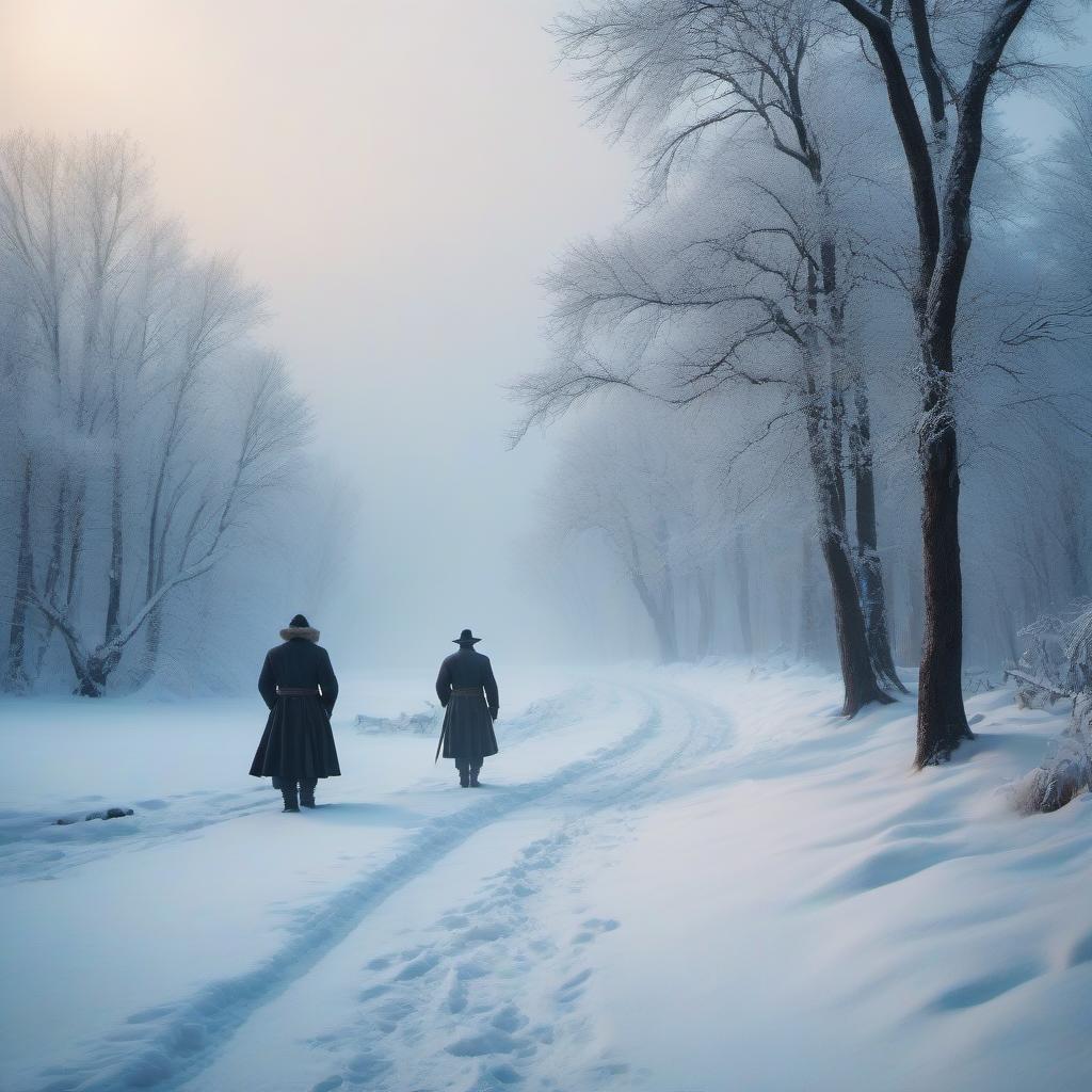  winter landscape, winter, blizzard, Russia 18th century hyperrealistic, full body, detailed clothing, highly detailed, cinematic lighting, stunningly beautiful, intricate, sharp focus, f/1. 8, 85mm, (centered image composition), (professionally color graded), ((bright soft diffused light)), volumetric fog, trending on instagram, trending on tumblr, HDR 4K, 8K