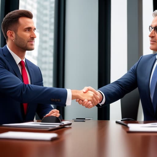  (Business handshake), photorealistic, highly detailed, 4k, high quality hyperrealistic, full body, detailed clothing, highly detailed, cinematic lighting, stunningly beautiful, intricate, sharp focus, f/1. 8, 85mm, (centered image composition), (professionally color graded), ((bright soft diffused light)), volumetric fog, trending on instagram, trending on tumblr, HDR 4K, 8K