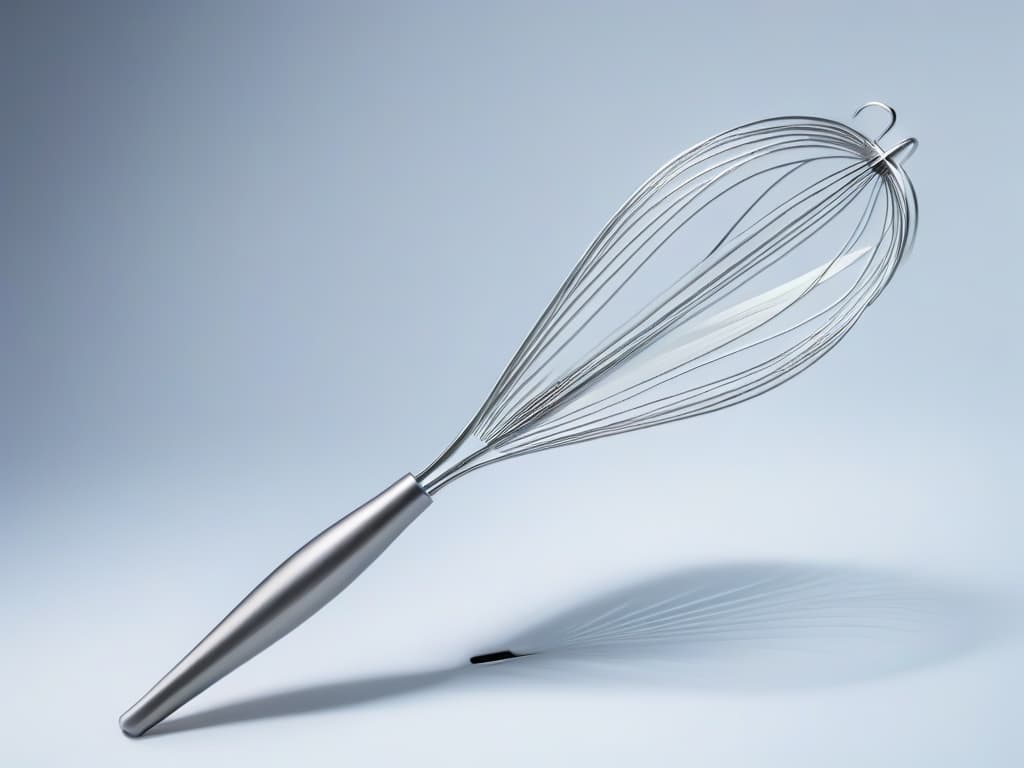  A closeup, ultradetailed image of a sleek, stainless steel whisk with light reflecting off its smooth surface, showcasing intricate wire loops and a comfortable ergonomic handle, set against a soft, blurred background to emphasize its elegant simplicity. hyperrealistic, full body, detailed clothing, highly detailed, cinematic lighting, stunningly beautiful, intricate, sharp focus, f/1. 8, 85mm, (centered image composition), (professionally color graded), ((bright soft diffused light)), volumetric fog, trending on instagram, trending on tumblr, HDR 4K, 8K