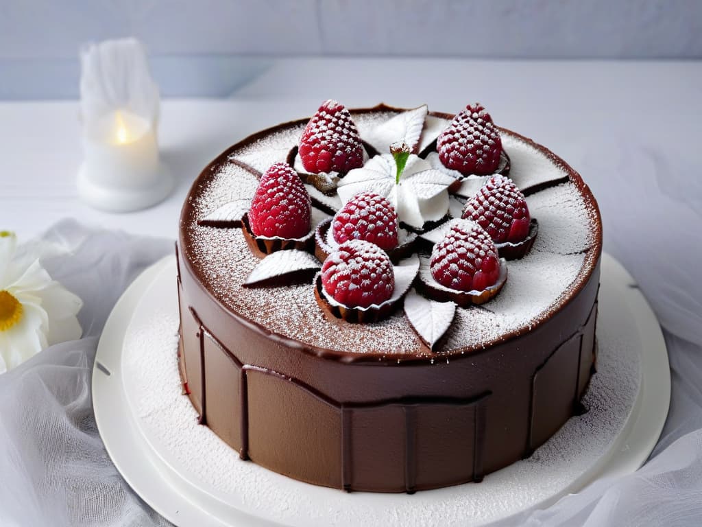  A minimalist, highresolution image of a beautifully decorated vegan chocolate cake, topped with fresh raspberries and a dusting of powdered sugar, set on a sleek white plate against a soft grey background. The cake is impeccably crafted, showcasing intricate piping work and delicate edible flowers as garnish. The lighting is soft, highlighting the texture and artistry of the dessert, making it an enticing focal point for vegan baking enthusiasts seeking inspiration for their next culinary creation. hyperrealistic, full body, detailed clothing, highly detailed, cinematic lighting, stunningly beautiful, intricate, sharp focus, f/1. 8, 85mm, (centered image composition), (professionally color graded), ((bright soft diffused light)), volumetric fog, trending on instagram, trending on tumblr, HDR 4K, 8K