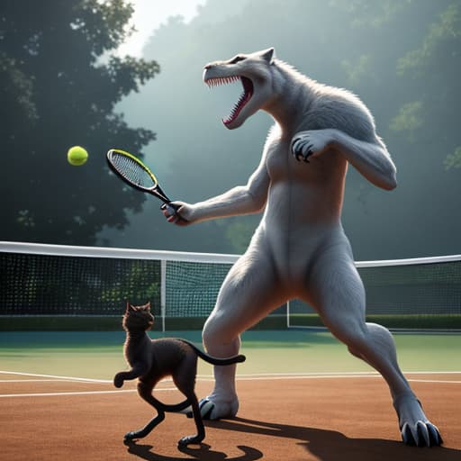  A cat playing tennis with a dinosaur hyperrealistic, full body, detailed clothing, highly detailed, cinematic lighting, stunningly beautiful, intricate, sharp focus, f/1. 8, 85mm, (centered image composition), (professionally color graded), ((bright soft diffused light)), volumetric fog, trending on instagram, trending on tumblr, HDR 4K, 8K