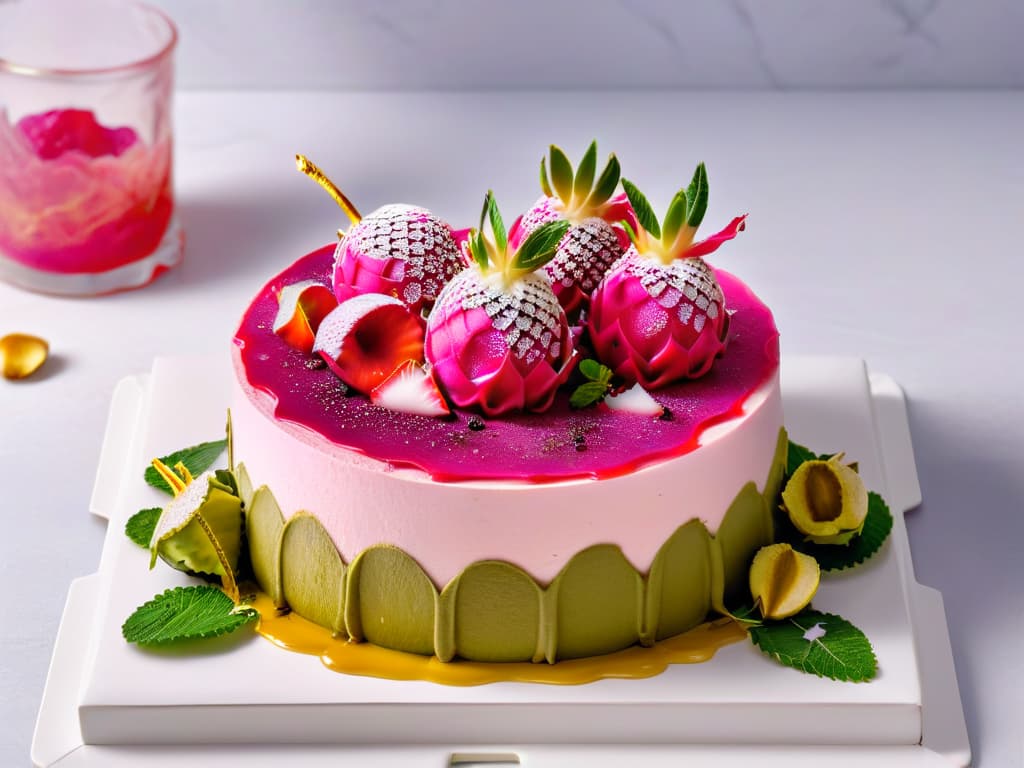  An ultradetailed photorealistic image showcasing a decadent dragon fruit cheesecake with vibrant pink pitahaya puree swirled on top, garnished with fresh slices of dragon fruit, mint leaves, and a dusting of edible gold flakes. The cheesecake sits on a sleek marble countertop, surrounded by scattered dragon fruit pieces and a delicate gold fork on a pastel pink plate, beautifully capturing the essence of a luxurious dessert incorporating the exotic pitahaya fruit. hyperrealistic, full body, detailed clothing, highly detailed, cinematic lighting, stunningly beautiful, intricate, sharp focus, f/1. 8, 85mm, (centered image composition), (professionally color graded), ((bright soft diffused light)), volumetric fog, trending on instagram, trending on tumblr, HDR 4K, 8K