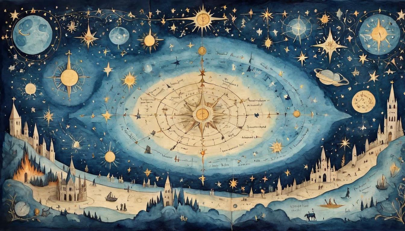  on parchment, surrealism+++, A night sky filled with constellations, each star burning brightly, celestial map, guiding, eternal(mysterious, provocative, symbolic,muted color)+++