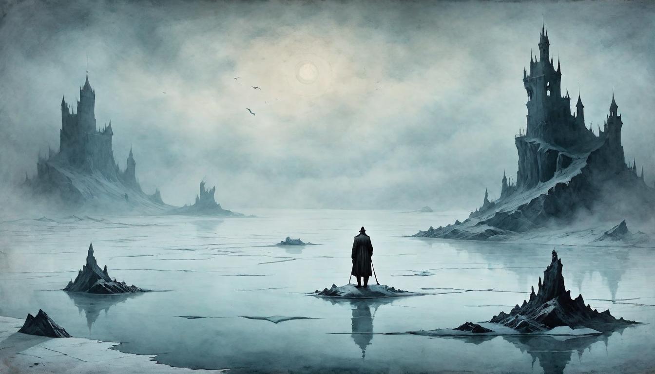  on parchment, surrealism+++, A lone figure on a fractured ice floe, distant silhouettes fading into mist, isolation, abandonment(mysterious, provocative, symbolic,muted color)+++