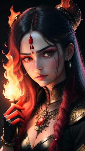  female devi , volcano red  background fire every place, trident in right hand , human skull hold by left hand, anger on her face , blue shed colour horror, hyperrealistic, high quality, highly detailed, perfect lighting, intricate, sharp focus, f/1. 8, 85mm, (centered image composition), (professionally color graded), ((bright soft diffused light)), trending on instagram, HDR 4K, 8K