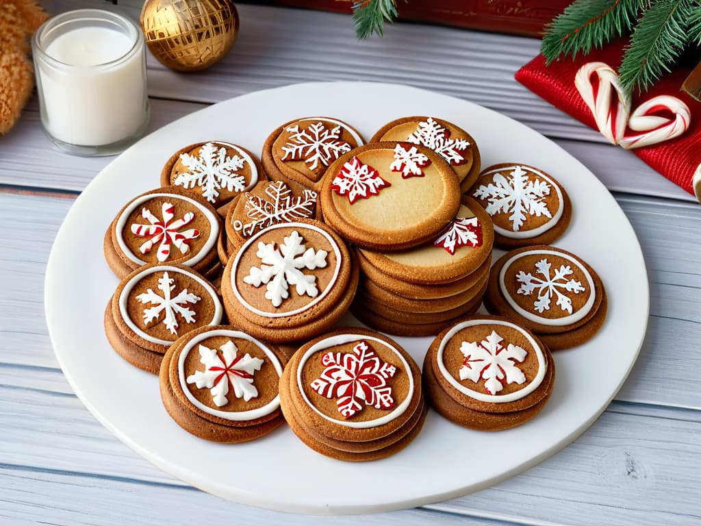  An ultradetailed closeup of freshly baked gingerbread cookies arranged in a perfect circle on a rustic wooden table. Each cookie is intricately decorated with white icing, creating delicate snowflake patterns, candy cane stripes, and miniature Christmas tree designs. The goldenbrown cookies emit a warm, inviting aroma, and tiny flecks of cinnamon and ginger are visible on their perfectly crisp edges. The soft natural light filtering through a nearby window highlights the cookies' textures, making them look almost too beautiful to eat. hyperrealistic, full body, detailed clothing, highly detailed, cinematic lighting, stunningly beautiful, intricate, sharp focus, f/1. 8, 85mm, (centered image composition), (professionally color graded), ((bright soft diffused light)), volumetric fog, trending on instagram, trending on tumblr, HDR 4K, 8K