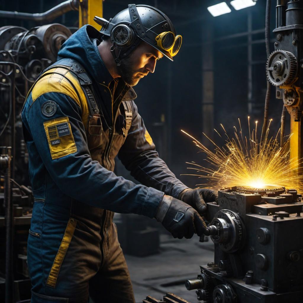  A visual representation of the word 'sabotage': A dark, shadowy figure is depicted placing a wrench into the gears of a large, complex machine. The background is a dimly lit industrial setting with sparks flying from machinery. The figure's face is obscured by a hood, and there's a sense of secrecy and malice in the air. The colors are mostly dark blues and grays, with a dramatic contrast of bright yellow sparks. hyperrealistic, full body, detailed clothing, highly detailed, cinematic lighting, stunningly beautiful, intricate, sharp focus, f/1. 8, 85mm, (centered image composition), (professionally color graded), ((bright soft diffused light)), volumetric fog, trending on instagram, trending on tumblr, HDR 4K, 8K