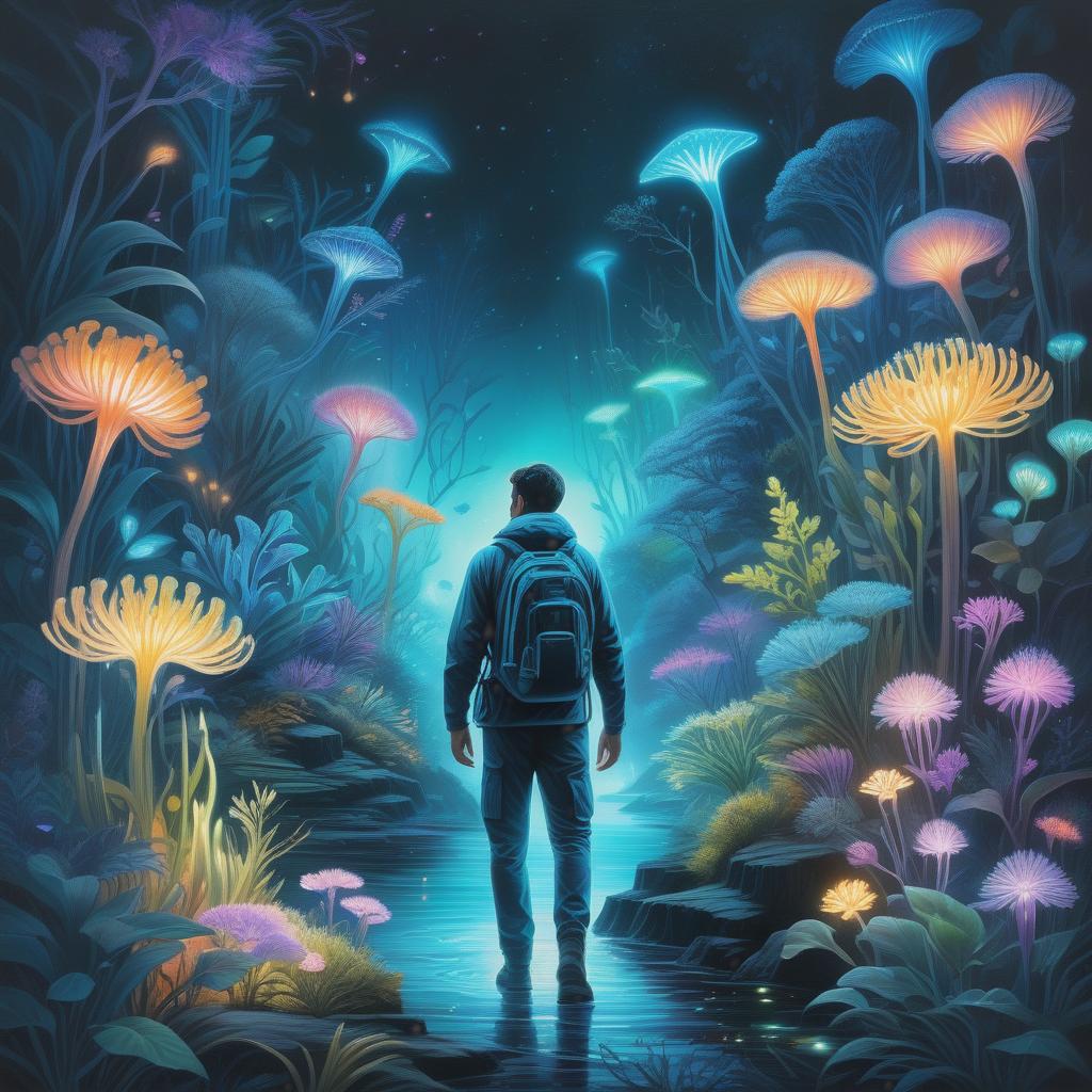  Ultra detailed illustration of a person lost in a magical world of wonders, glowy, bioluminescent flora, incredibly detailed, pastel colors, handpainted strokes, visible strokes, oil paint, art by Mschiffer, night, bioluminescence hyperrealistic, full body, detailed clothing, highly detailed, cinematic lighting, stunningly beautiful, intricate, sharp focus, f/1. 8, 85mm, (centered image composition), (professionally color graded), ((bright soft diffused light)), volumetric fog, trending on instagram, trending on tumblr, HDR 4K, 8K