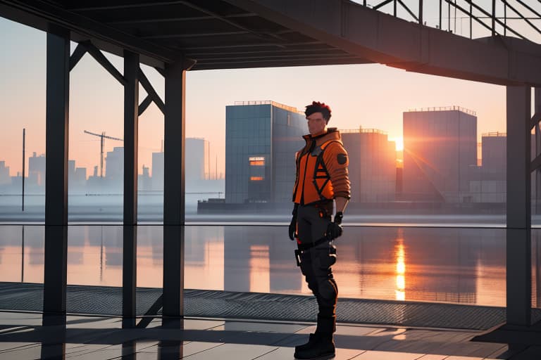  "Create a photo of a modern steel structure home at sunset with warm orange sunlight casting over the cool steel beams. Include orange accents like construction equipment and a person in cool toned clothing inspecting the site. Emphasize the industrial aesthetic and contrast between the warm and cool tones." hyperrealistic, full body, detailed clothing, highly detailed, cinematic lighting, stunningly beautiful, intricate, sharp focus, f/1. 8, 85mm, (centered image composition), (professionally color graded), ((bright soft diffused light)), volumetric fog, trending on instagram, trending on tumblr, HDR 4K, 8K