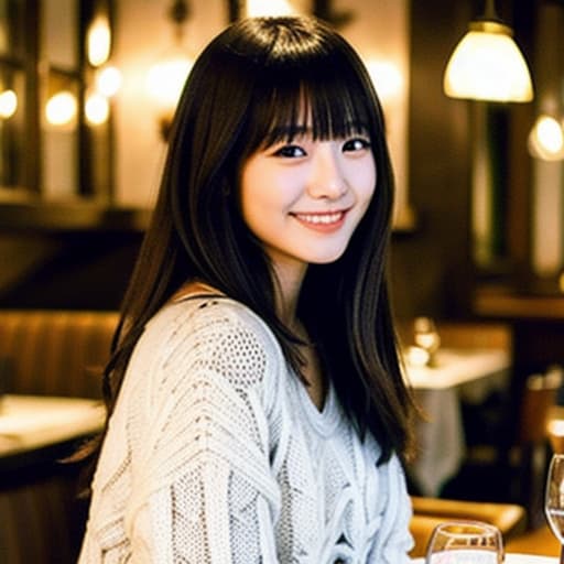  a realistic photo of a young Japanese woman, aged 25, with long dark brown hair with bangs and black eyes, 160cm tall, smiling, wearing white knitwear, at a dark and atmospheric luxurious French restaurant, dinner dishes, wine glass