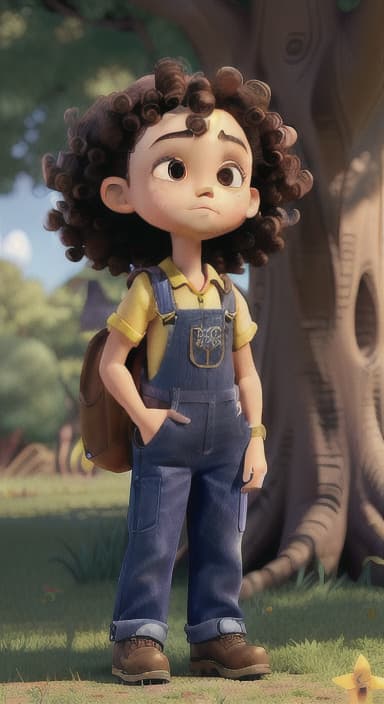  {Riley standing under the tree with eyes closed, making the wish., Riley, a curious with big brown eyes and curly hair, wearing overalls and carrying a small backpack. Their friend, Skye, a bluebird with shiny feathers.