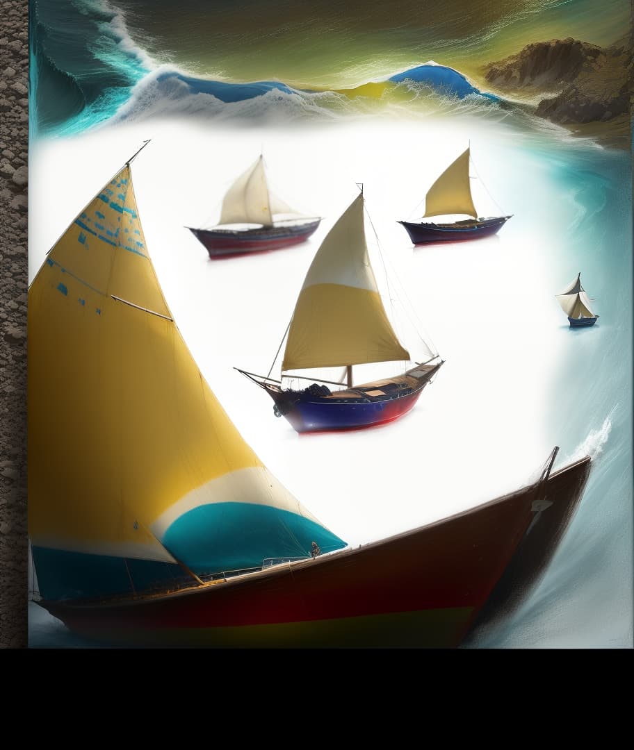  an abstract painting of, a sailboat compilation between four floating sailboats, a wave of a blue sea water, with a beautiful landscape, very colorfully presented, a portrait of a beautiful African woman wearing earrings, , hyperrealistic, high quality, highly detailed, perfect lighting, intricate, sharp focus, f/1. 8, 85mm, (centered image composition), (professionally color graded), ((bright soft diffused light)), trending on instagram, HDR 4K, 8K