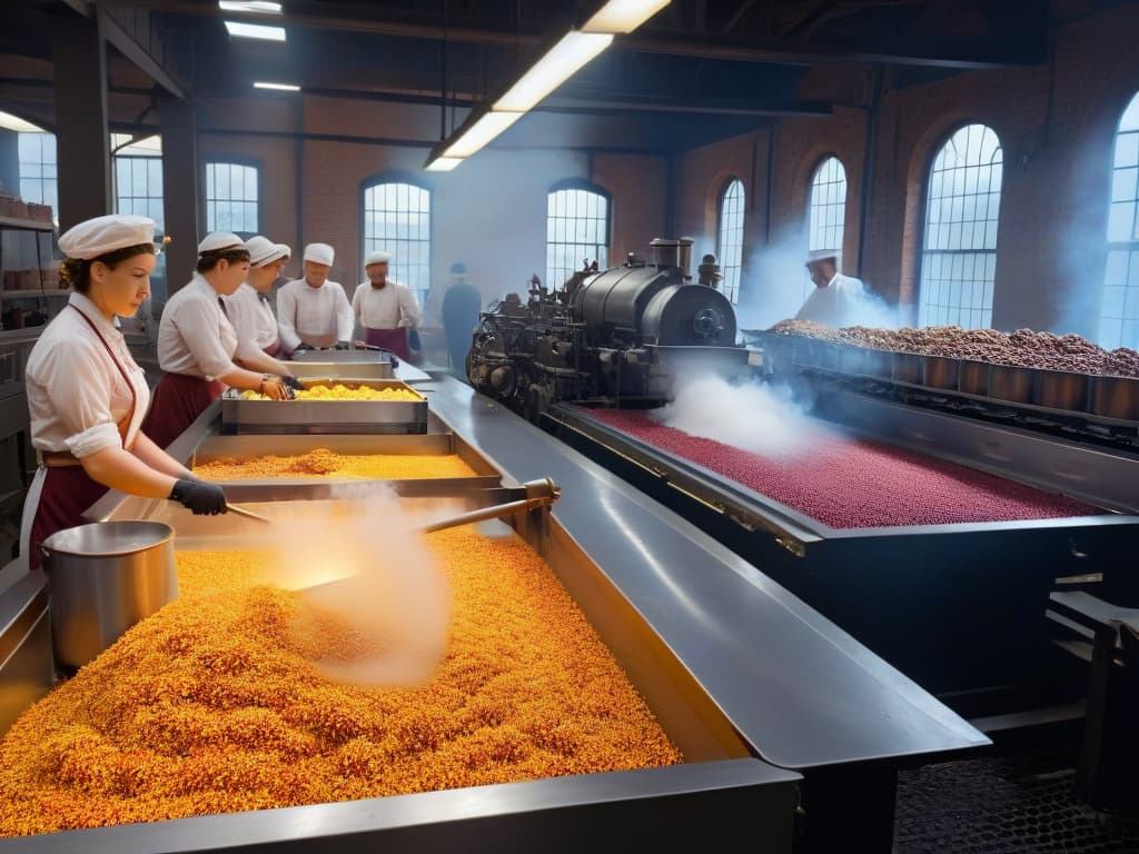  A photorealistic image of a bustling 19thcentury confectionery factory, with intricate machinery churning out colorful candies and sweets. Workers in period attire are seen meticulously packaging the treats, while steam billows from the industrial equipment, creating a mesmerizing scene that captures the essence of the industrial revolution's impact on confectionery production. hyperrealistic, full body, detailed clothing, highly detailed, cinematic lighting, stunningly beautiful, intricate, sharp focus, f/1. 8, 85mm, (centered image composition), (professionally color graded), ((bright soft diffused light)), volumetric fog, trending on instagram, trending on tumblr, HDR 4K, 8K