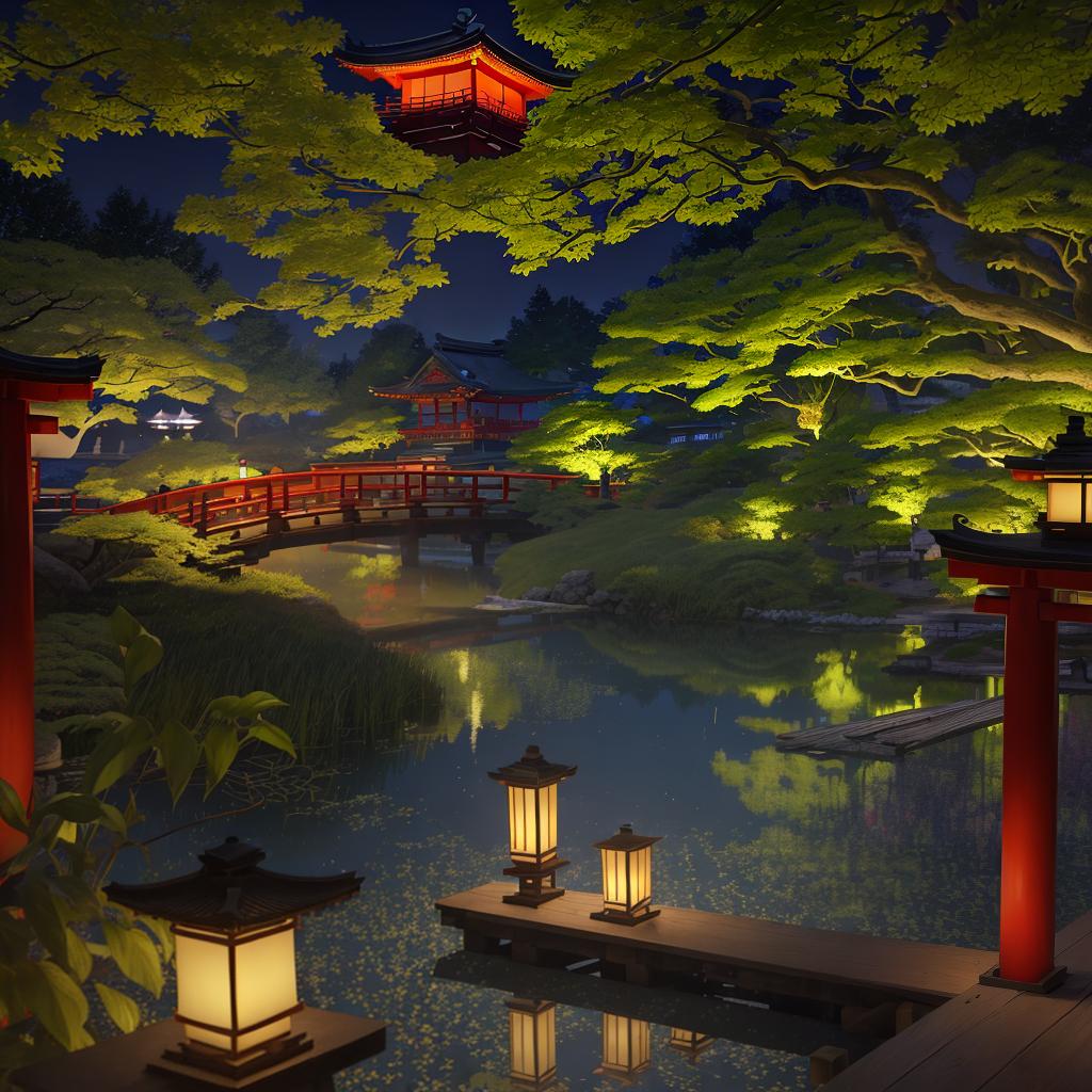  masterpiece, best quality, (fidelity:1.4), best quality, masterpiece, ultra high resolution, 8k resolution, night view inspired by Japanese art, featuring a garden illuminated by paper lanterns and a wooden bridge spanning a tranquil lake with a small Zen temple beside the lake.