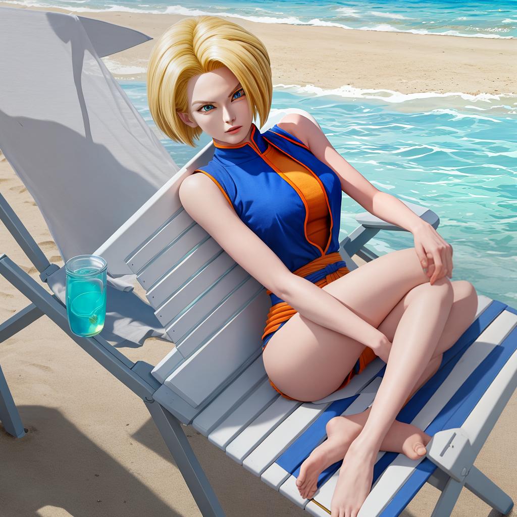  masterpiece, best quality, Dragon Ball android 18, by the sea, lying on a beach chair