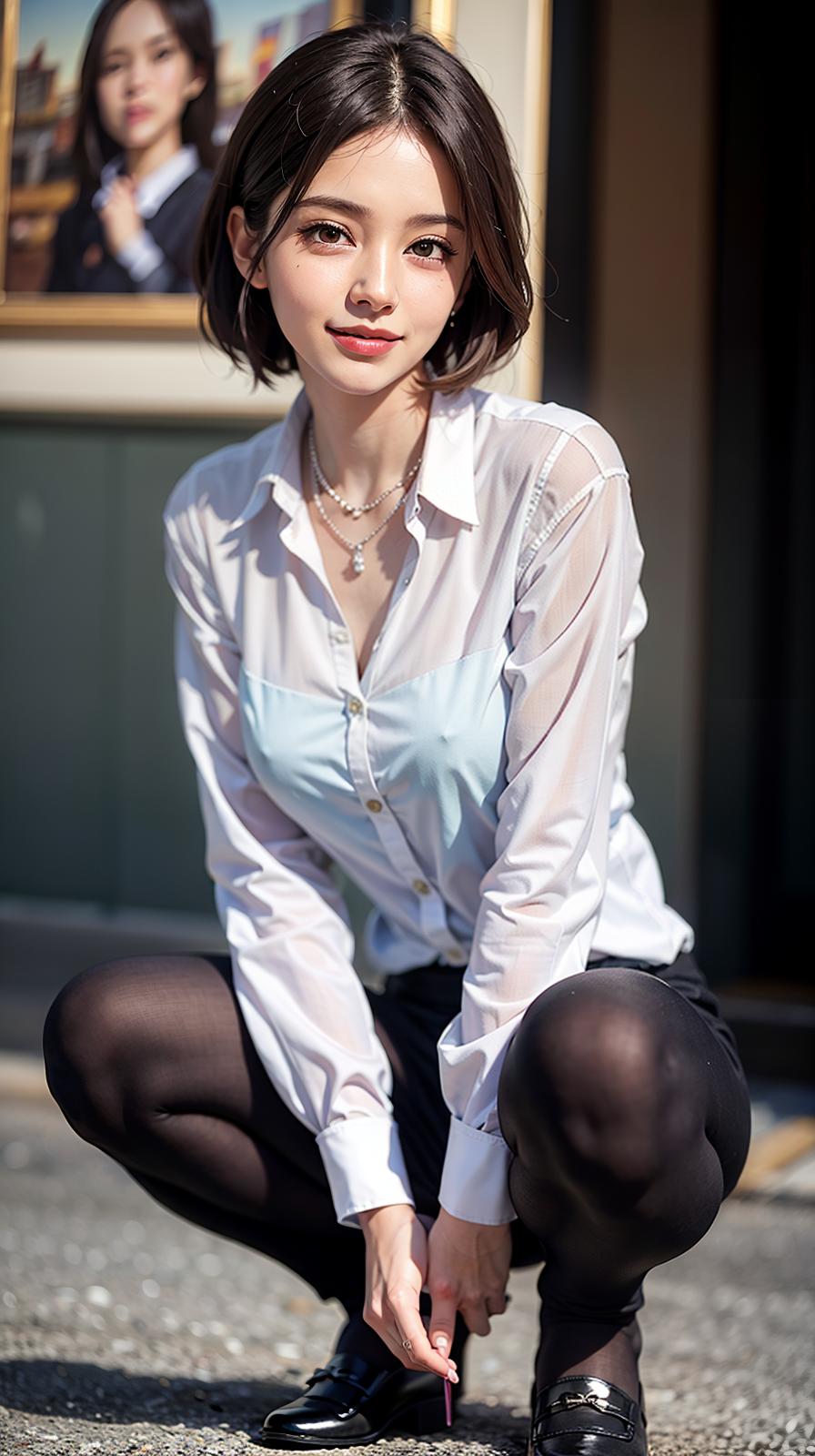  ultra high res, (photorealistic:1.4), raw photo, (realistic face), realistic eyes, (realistic skin), <lora:XXMix9_v20LoRa:0.8>, ((((masterpiece)))), best quality, very_high_resolution, ultra-detailed, in-frame, smiling, Japanese, white shirt, long sleeves, unbuttoning, sheer shirt, shoulders,, figure,,, pearl necklace, big eyes, collarbone, button, loafers, pubic hair, unveiling, black hair, strong wind, bedhead, short bob,, squatting, white breath, cafeteria