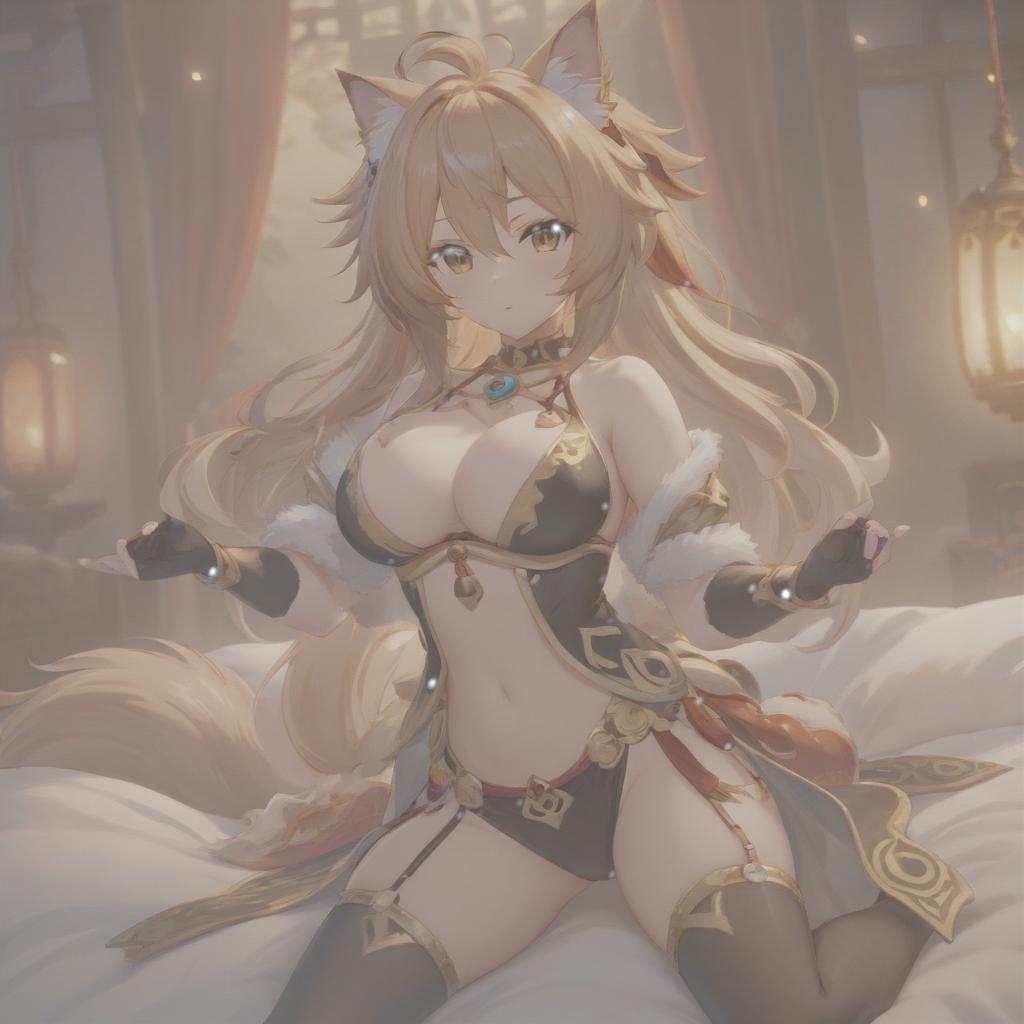  Kirara from Genshin Impact, loincloth, bed, belly hyperrealistic, full body, detailed clothing, highly detailed, cinematic lighting, stunningly beautiful, intricate, sharp focus, f/1. 8, 85mm, (centered image composition), (professionally color graded), ((bright soft diffused light)), volumetric fog, trending on instagram, trending on tumblr, HDR 4K, 8K