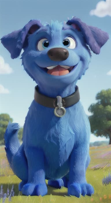  {A happy, big blue dog wagging its tail in a colorful meadow, The big blue dog is large with sky blue fur, big round eyes, a black nose, and floppy ears.