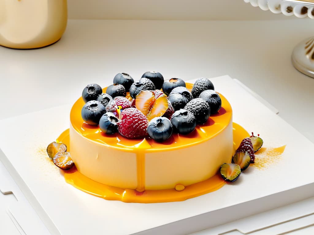  An ultradetailed image of a decadent aguaymanto cheesecake with a glistening golden aguaymanto coulis drizzled elegantly on top, sitting on a sleek, modern plate. The cheesecake is adorned with fresh aguaymanto berries and delicate edible gold leaf flakes, all set against a stark white background to highlight the dessert's luxurious and innovative nature. hyperrealistic, full body, detailed clothing, highly detailed, cinematic lighting, stunningly beautiful, intricate, sharp focus, f/1. 8, 85mm, (centered image composition), (professionally color graded), ((bright soft diffused light)), volumetric fog, trending on instagram, trending on tumblr, HDR 4K, 8K