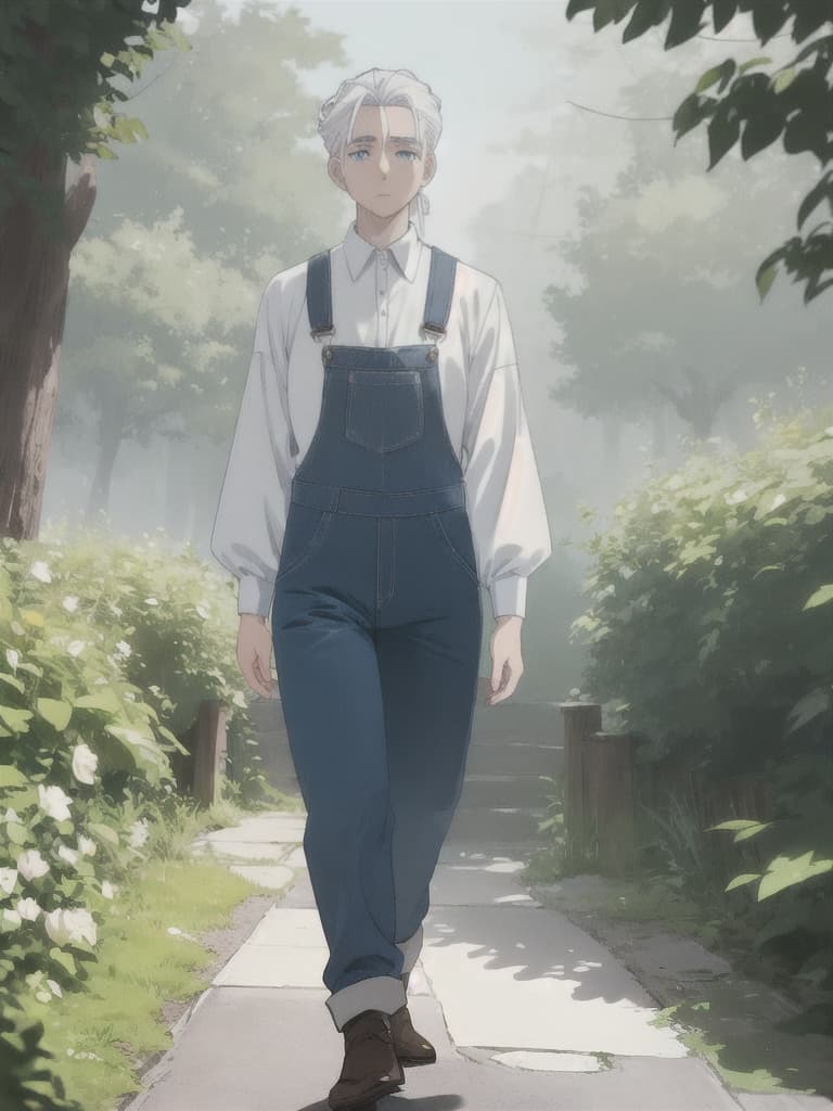  (masterpiece, best quality, anime cartoon man), (caucasian ethnicity, pale skin), young, wide body, blue eyes, slicked back hair, white hair, overalls white shirt clothing ,walking in park hyperrealistic, full body, detailed clothing, highly detailed, cinematic lighting, stunningly beautiful, intricate, sharp focus, f/1. 8, 85mm, (centered image composition), (professionally color graded), ((bright soft diffused light)), volumetric fog, trending on instagram, trending on tumblr, HDR 4K, 8K