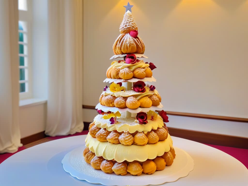  A closeup, ultradetailed image of a perfectly balanced, gravitydefying croquembouche towering high with delicate cream puffs, spun sugar decorations, and edible flowers, showcasing the intricate structure and artistry of this classic French dessert. hyperrealistic, full body, detailed clothing, highly detailed, cinematic lighting, stunningly beautiful, intricate, sharp focus, f/1. 8, 85mm, (centered image composition), (professionally color graded), ((bright soft diffused light)), volumetric fog, trending on instagram, trending on tumblr, HDR 4K, 8K