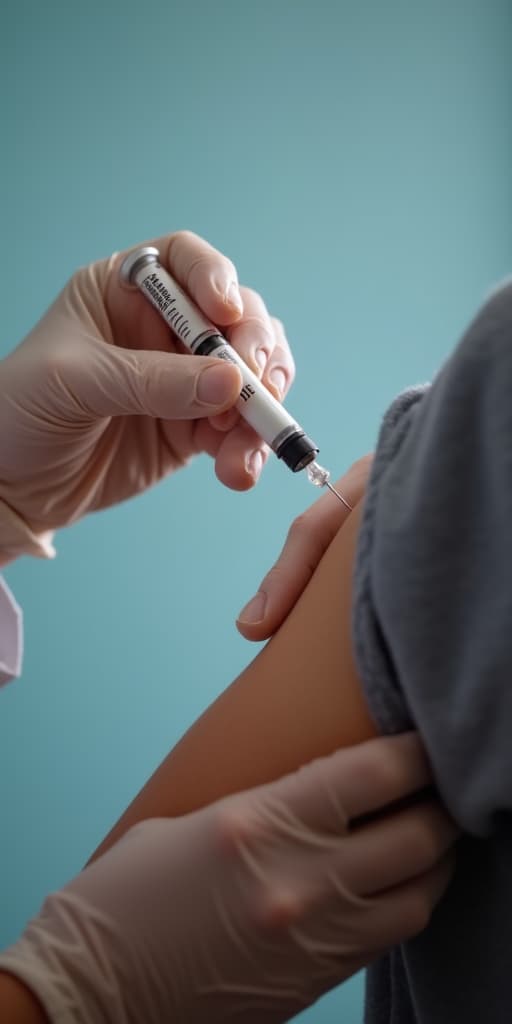  good quality, high quality, close up of a healthcare professional wearing gloves, giving a vaccine injection to a patient's arm, indicating a medical procedure and vaccination process