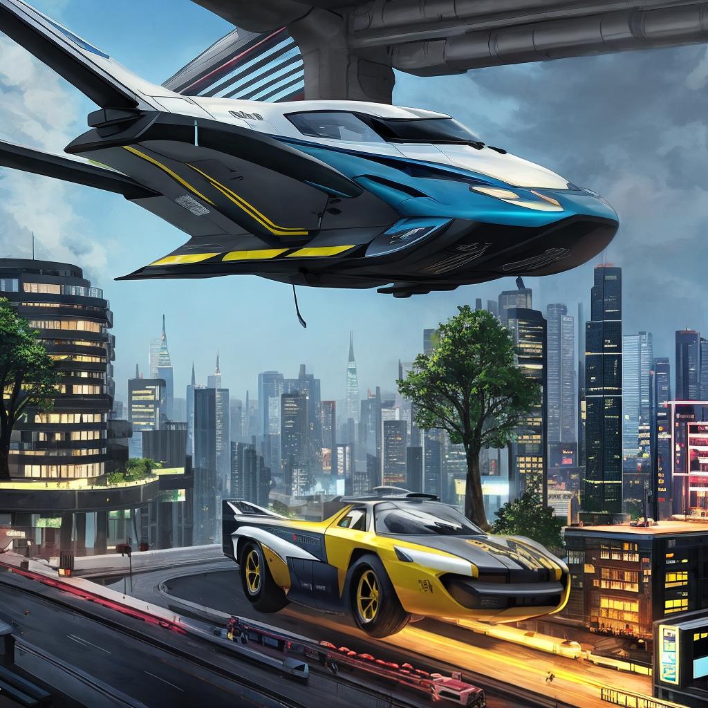  in a Grand Theft Auto style, A futuristic cityscape with floating, bioluminescent trees and flying cars