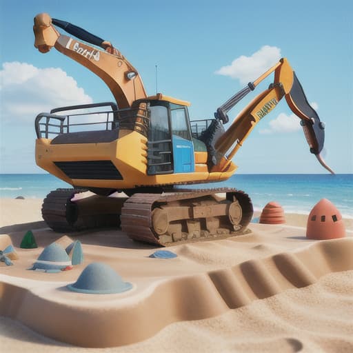  a excavator on a holiday beach at the sea building a sand castle