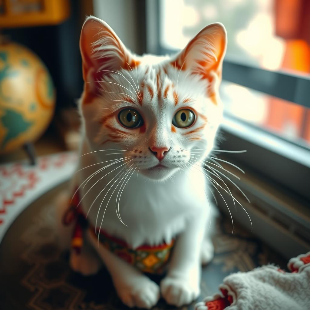  a white cat hyperrealistic, full body, detailed clothing, highly detailed, cinematic lighting, stunningly beautiful, intricate, sharp focus, f/1. 8, 85mm, (centered image composition), (professionally color graded), ((bright soft diffused light)), volumetric fog, trending on instagram, trending on tumblr, HDR 4K, 8K