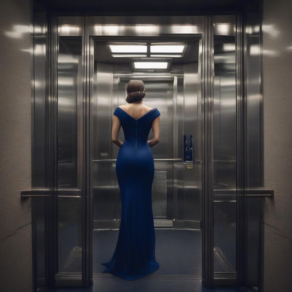  Sad beauty in a dark blue dress in the lift. hyperrealistic, full body, detailed clothing, highly detailed, cinematic lighting, stunningly beautiful, intricate, sharp focus, f/1. 8, 85mm, (centered image composition), (professionally color graded), ((bright soft diffused light)), volumetric fog, trending on instagram, trending on tumblr, HDR 4K, 8K