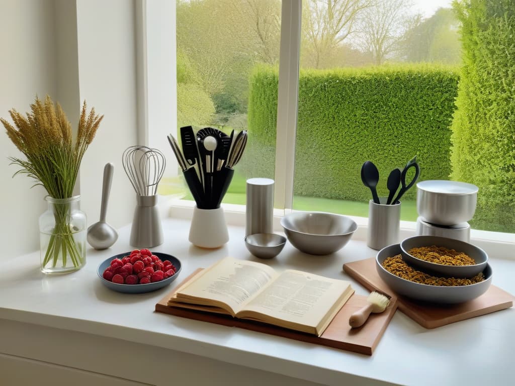  An ultradetailed image of a serene kitchen setting, featuring a sleek marble countertop adorned with meticulously arranged baking tools like measuring cups, rolling pins, and mixing bowls. The sunlight streaming in through a large window casts a warm glow on a stack of recipe books beside a vase of fresh herbs. A delicate pastry brush rests beside a bowl of vibrant, ripe berries, adding a pop of color to the otherwise neutral color palette of whites and soft grays. hyperrealistic, full body, detailed clothing, highly detailed, cinematic lighting, stunningly beautiful, intricate, sharp focus, f/1. 8, 85mm, (centered image composition), (professionally color graded), ((bright soft diffused light)), volumetric fog, trending on instagram, trending on tumblr, HDR 4K, 8K