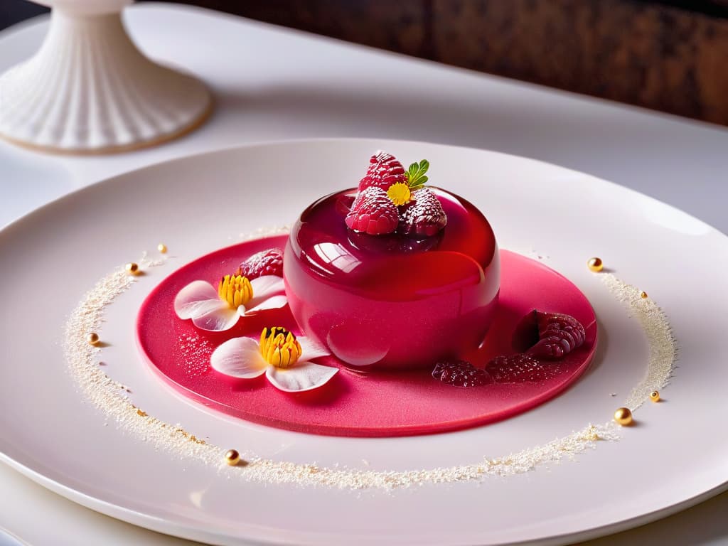  A closeup, ultradetailed image of a delicate, intricate molecular gastronomy dessert creation sitting on a sleek, white plate. The dessert is a miniature work of art, showcasing a perfect sphere of raspberry sorbet encased in a thin, glossy shell, garnished with edible flower petals and gold leaf accents. The lighting is soft, highlighting the intricate details of the dessert while casting a subtle shadow underneath, creating a visually striking and elegant composition. hyperrealistic, full body, detailed clothing, highly detailed, cinematic lighting, stunningly beautiful, intricate, sharp focus, f/1. 8, 85mm, (centered image composition), (professionally color graded), ((bright soft diffused light)), volumetric fog, trending on instagram, trending on tumblr, HDR 4K, 8K