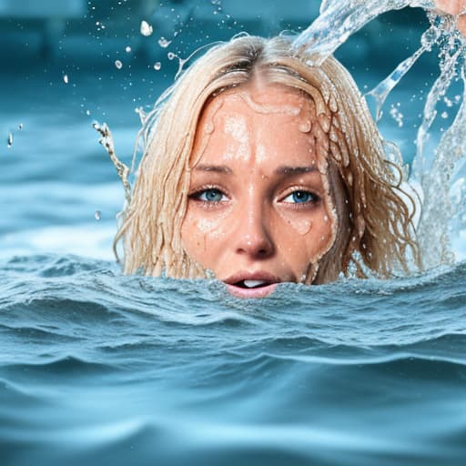  tanned blonde woman's face drowning in the water she's panic a lot of water waves and splashes around her