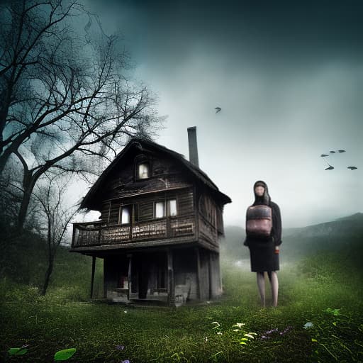 mdjrny-v4 style can you create a scary horror image of family living in the mountain house elsewhere, try to provide a real human being