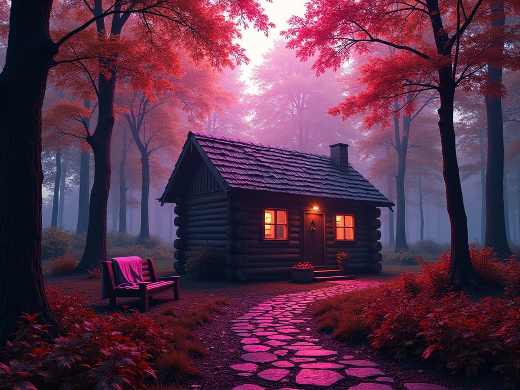  neonpunk style create an image of a cozy autumn forest with colorful leaves on the trees, soft sunlight shining through the foliage, and a narrow path leading to a small log house. around the house there is a wooden bench with a blanket on it, and a basket of apples is visible nearby., cyberpunk, vaporwave, neon, vibes, vibrant, stunningly beautiful, crisp, detailed, sleek, ultramodern, magenta highlights, dark purple shadows, high contrast, cinematic, ultra detailed, intricate, professional