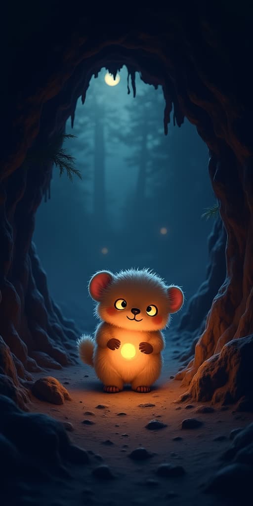  good quality, high quality, a whimsical cave explore reveals a glowing furry creature at twilight