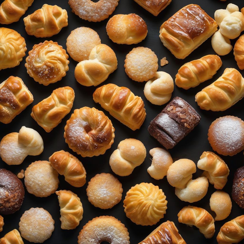  Many cake puff pastries on a black background assortment. hyperrealistic, full body, detailed clothing, highly detailed, cinematic lighting, stunningly beautiful, intricate, sharp focus, f/1. 8, 85mm, (centered image composition), (professionally color graded), ((bright soft diffused light)), volumetric fog, trending on instagram, trending on tumblr, HDR 4K, 8K