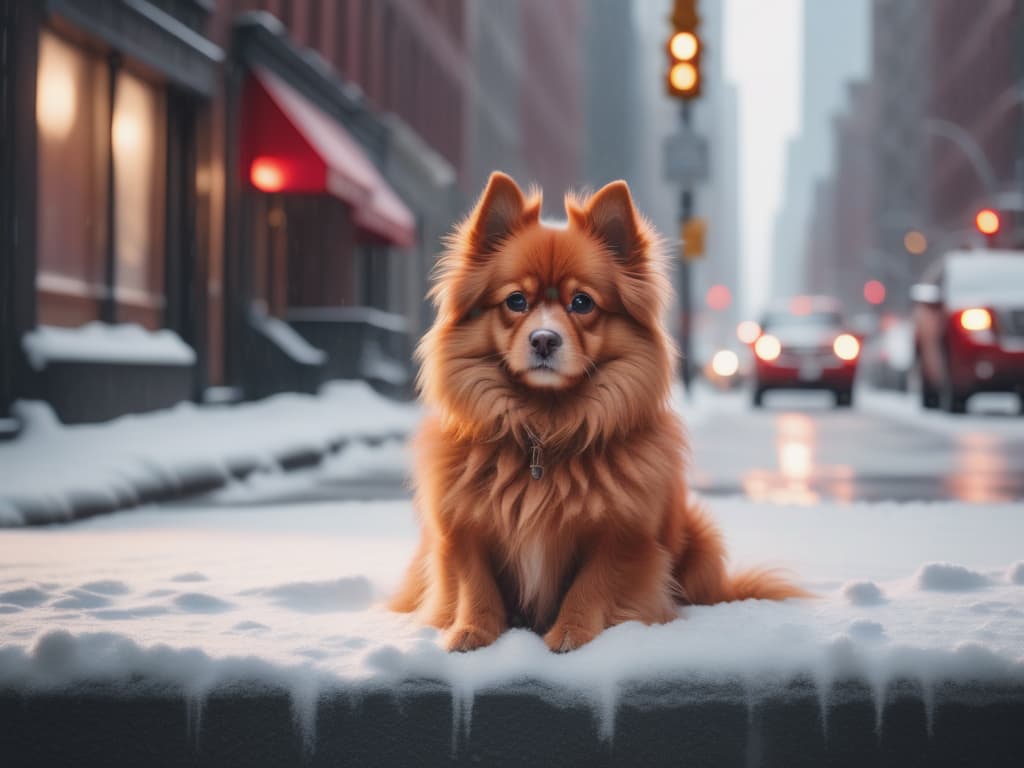  In a cinematic 8K shot, a stunning minimalist scene unfolds: a cute red fluffy dog, light as a whisper, sits in a heavy snowy New York City street. The contrast of the adorable canine against the urban snowscape creates a beautifully detailed and charming wallpaper moment, capturing the essence of city life with a touch of canine sweetness.