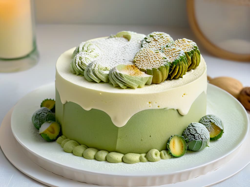  An ultradetailed closeup image of a decadent vegan matcha tiramisu, showcasing layers of fluffy green teainfused sponge cake, velvety cashew cream, and a dusting of vibrant matcha powder on top. The dessert is elegantly presented on a sleek, white porcelain plate with delicate gold trim, set against a soft, diffused light that enhances the rich textures and subtle hues of the dessert components. hyperrealistic, full body, detailed clothing, highly detailed, cinematic lighting, stunningly beautiful, intricate, sharp focus, f/1. 8, 85mm, (centered image composition), (professionally color graded), ((bright soft diffused light)), volumetric fog, trending on instagram, trending on tumblr, HDR 4K, 8K