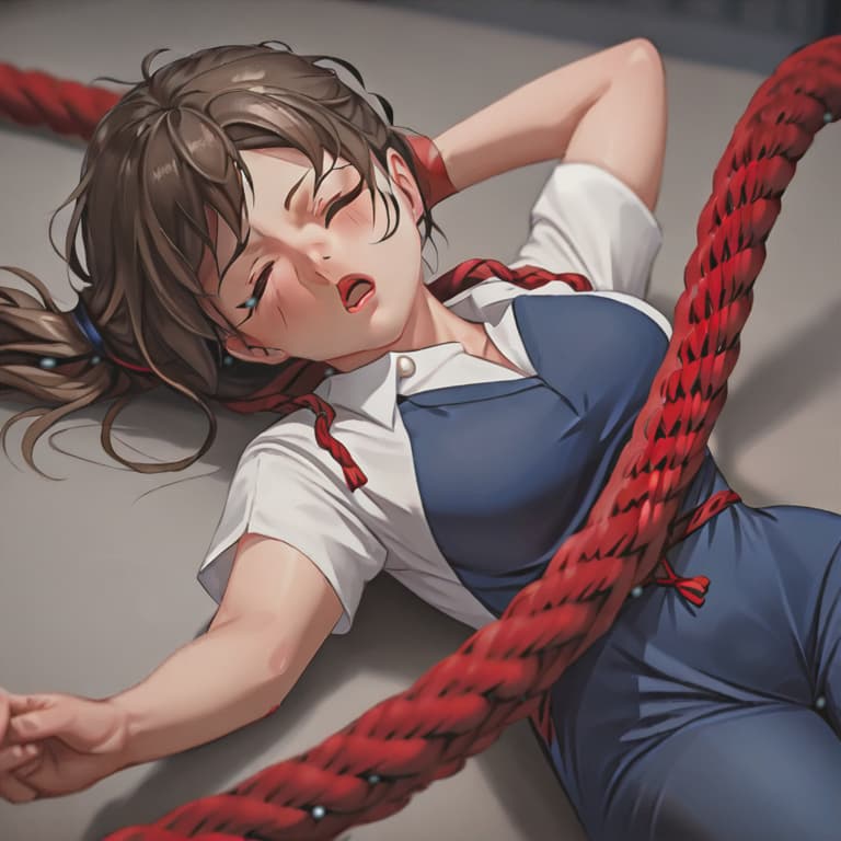  (masterpiece, best quality),, 1, (1man, hetero:1.3), pov, , , , (:1.1), lying, on back, , (arms behind back:1.3), (side bent:1.4), (shibari, red rope:1.3), (red pet collar:1.1), bound s, bound arms, motion lines, motion blur, (trembling:1.1), ( juice, female :1.2), BREAK , (:1.5), black hair, (high ponytail, medium ponytail), curly hair, (hair between eyes:0.7), (aqua scrunchie:1.2), (huge s:1.2), hanging s, short height, aqua eyes, (tareme:1.3), sleepy, (half-closed eyes:1.1), heavy breathing, sweat, blush, sleeping, (torogao:1.3), female , parted lips, BREAK (( uniform, serafuku):1.0), (white shirt, white sleeves, short sleeves:1.2), (navy sai hyperrealistic, full body, detailed clothing, highly detailed, cinematic lighting, stunningly beautiful, intricate, sharp focus, f/1. 8, 85mm, (centered image composition), (professionally color graded), ((bright soft diffused light)), volumetric fog, trending on instagram, trending on tumblr, HDR 4K, 8K