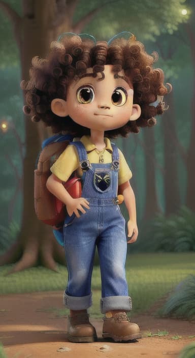  {The tree with a twinkling eye, while its leaves gently rustle., Riley, a curious with big brown eyes and curly hair, wearing overalls and carrying a small backpack. Their friend, Skye, a bluebird with shiny feathers.