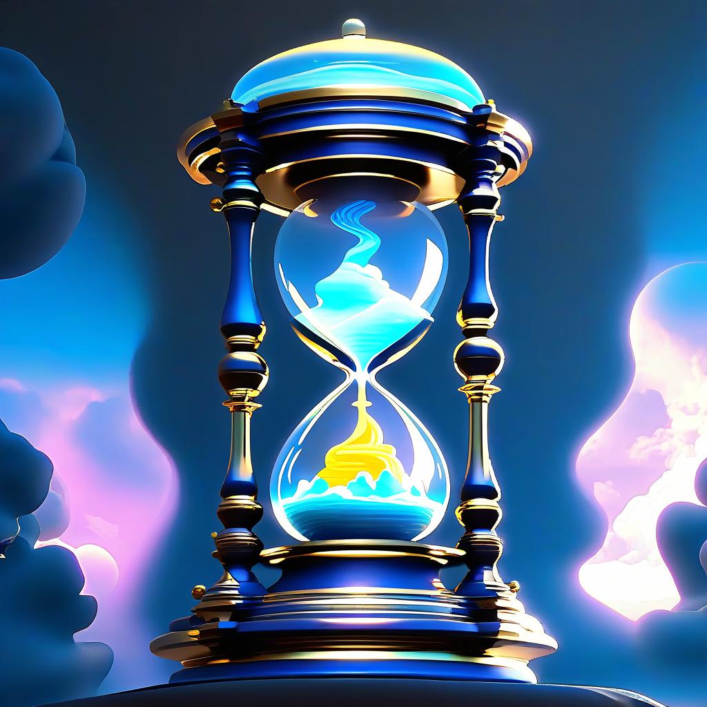  ethereal fantasy concept art of (Fancy hourglass). clock design: wooden carved case lacquered. Bowls of transparent glass. Inside the top bowl of the clock the rising sun is displayed. Around the sun is a blue sky and white, golden pink clouds. (Inside the lower bowl of the clock):A nighttime, dark blue sky with a bright yellow month with a silvery cast. Beneath the sky are mountains covered with blue white snow, shimmering with different colours of the rainbow. Background: gradient: in the lower part of the background the structure of sand. In the upper part of the background perispherical clouds in the blue sky. Style: philosophical romantic fantasy. . magnificent, celestial, ethereal, painterly, epic, majestic, magical, fantasy art, cov hyperrealistic, full body, detailed clothing, highly detailed, cinematic lighting, stunningly beautiful, intricate, sharp focus, f/1. 8, 85mm, (centered image composition), (professionally color graded), ((bright soft diffused light)), volumetric fog, trending on instagram, trending on tumblr, HDR 4K, 8K