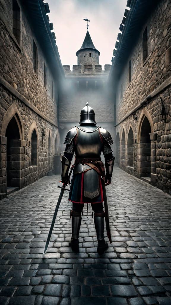  (A dimly lit medieval castle courtyard at night. The courtyard is surrounded by tall stone walls and towers. In the center, a young knight in shining armor stands with a determined expression, his sword drawn and ready for battle.) hyperrealistic, full body, detailed clothing, highly detailed, cinematic lighting, stunningly beautiful, intricate, sharp focus, f/1. 8, 85mm, (centered image composition), (professionally color graded), ((bright soft diffused light)), volumetric fog, trending on instagram, trending on tumblr, HDR 4K, 8K